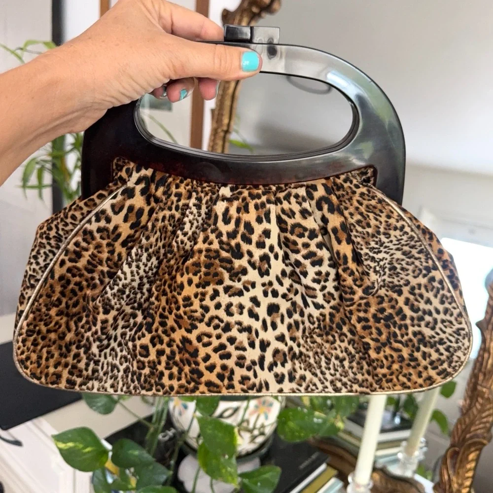Vintage Velvet Leopard Print Handbag with Dark Handle
